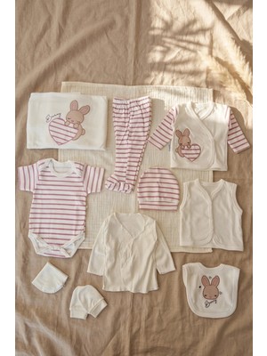 Zuzu Baby Zuhu %100 Pamuklu Naturel Tavşan Nakışlı 10'lu Yenidoğan Hastane Çıkışı Bebek Hediye Seti - Ekru/pembe