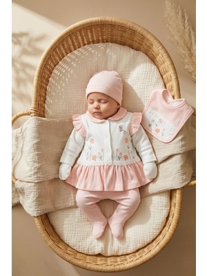 Babydonat Mia Flora 5'li Bebek Hastane Çıkışı - Pudra Pembe Çiçek Nakışlı Ribanalı Pamuklu Bebek Seti