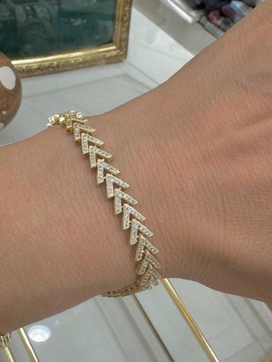 Esmeray Aksesuar Vip Çelik Gold Renk Zirkon Taşlı Balık Sırtı Tasarım Bileklik Uzunluk 17 Cm. Ek Klipsle 18,5 Cm.