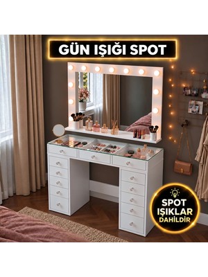 Rani BJ197 Hollywood Gün Işığı Aynalı Cam Tablalı Makyaj Masası 13 Çekmeceli Takı Düzenleyici Beyaz
