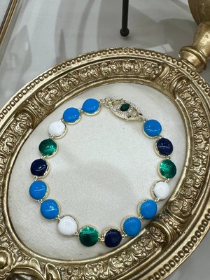 Esmeray Aksesuar Vip Çelik Gold Renk Zirkon Taşlı Göz Figürlü Renkli Bileklik Uzunluk 19 Cm.