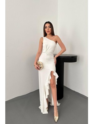 Maxi Modena Beyaz Yırtmaçlı Volanlı Elbise - Beyaz