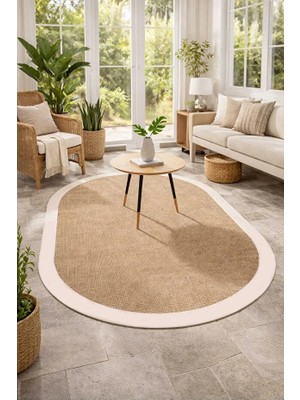 Mabeba Tekstil Bej Jute Oval Premium  Yıkanabilir Modern Dijital Baskı Mutfak Salon Halısı Kaydırmaz  Taban CH511