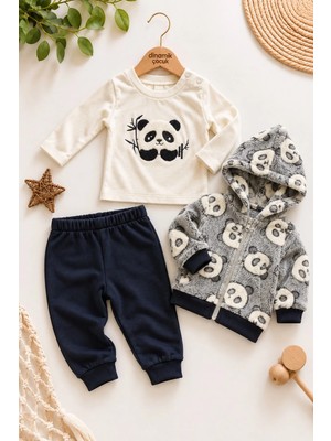 Dinamik çocuk Erkek Bebek Panda Desenli Peluş Kapüşonlu Hırka Sweatshirt Eşofman Altı 3'lü Takım 3-18AYLIK