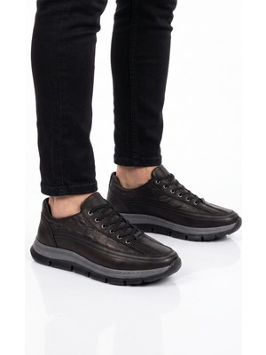 Ayakmod Siyah Hakiki Deri Bağcıklı Rahat Tabanlı Erkek Casual Ayakkabı Sneaker 160