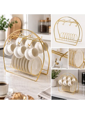 Emvora Home Emvora Gold Oval Fincan Takımı Standı – 6 Kişilik Metal Fincan ve Tabak Düzenleyici