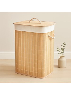 Mabelme Store Bambu Kirli Çamaşır Sepeti 40X30X60 cm - Kapaklı Ipli Kumaş Torbalı