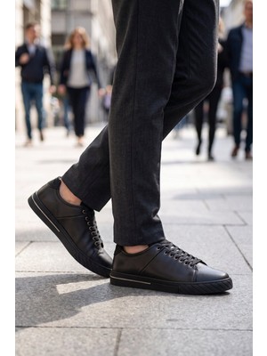 Ayakmod Siyah Hakiki Deri Bağcıklı Rahat Tabanlı Erkek Casual Ayakkabı Sneaker 165