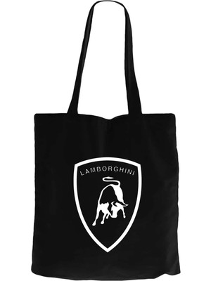 Z zepplin Lamborghini Logo White Siyah Fermuarlı Bez Çanta Gabardin