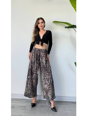 Maxi Modena Leopar Desenli Bol Paça Pantolon – Rahat Kesim, Akışkan Duruş - Leopar