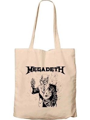 Z zepplin Megadeth Vic Rattlehead Portre Krem Fermuarlı Bez Çanta Gabardin