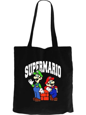 Z zepplin Super Mario Siyah Fermuarlı Bez Çanta Gabardin