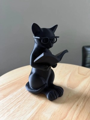 3D Baskı Gözlüklü Kitap Okuyan Kedi Figürü Masaüstü Dekoratif Kedi Heykeli Siyah