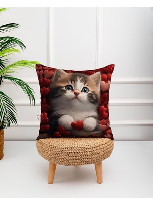 Kedi Fotoğraflı Kalp Desenli Dijital Baskılı Dekoratif Kırlent Yastık Kılıfı