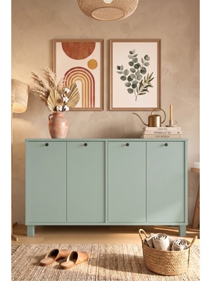Robin Home Alaska Konsol 4 Kapaklı Ahşap Ayaklı 120CM Ihlamur Yeşili