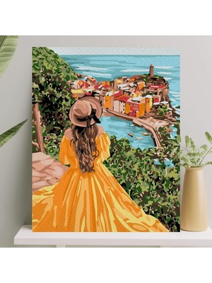 Sanat Sayılarla Boyama Tuval Seti Fırça Boya Dahil Çıtalı 40X50 cm - Sarı Elbiseli Kız