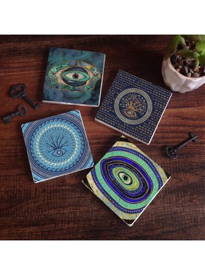Nazar Taş Bardak Altlığı Seti - 4 Parça - Dekoratif, Rustik Mutfak Aksesuarı, 10X10 Cm, Kaydırmaz Tabanlı, Şık ve Dayanıklı SC183