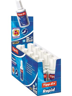 Tipp-Ex Rapid Sıvı Düzeltici 20ML 10'lu Kutu, Tiner Veya Sıvı Inceltici Gerektirmez, Üçgen Kesitli Sünger Uç