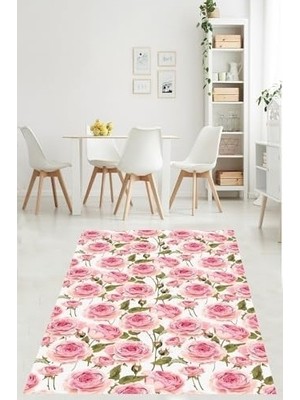 SBN - Store Pembe Zeminde Gül Motifli Floral Desenli Yıkanabilir Kaymaz Taban Leke Tutmaz Salon Halısı Yolluk Pnhs9, 100 x 250