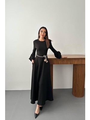 Maxi Modena Siyah Balon Kollu Kuşaklı Elbise - Siyah