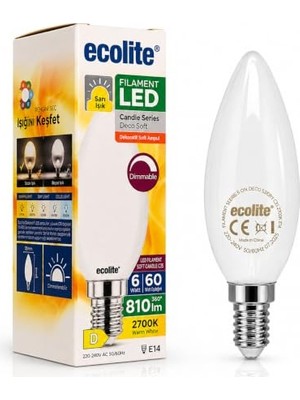 Die Grup Ecolite 6W E14 Filament LED Mum Ampul, 2700K Sarı Işık, 810 Lümen, 60W Eşdeğer, Dim Edilebilir, C35 Dekoratif Cam Ampul          [enerji Sınıfı D]