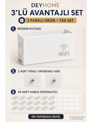 Die Grup 3'lü Set Modem Gizleme Kutusu | Wi-Fi Router Saklama Kutusu | Pleksi Duvar Tipi Modem Koruyucu + 20 Adet Kablo Düzenleyici + 2 Adet Yapışkanlı Vidalı Askı Hediyeli (3, 3'lü Set)