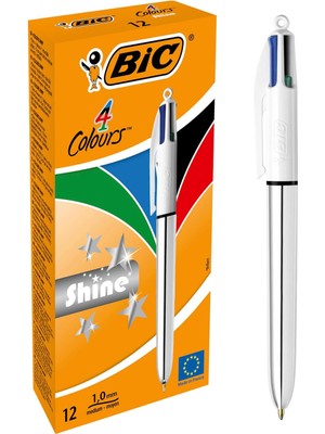 Bıc 4 Colours Shine Gümüş Gövde Tükenmez Kalem 12'li Kutu, 4 Renk (Mavi, Siyah,yeşil ve Kırmızı), 1.0 Mm. Uç