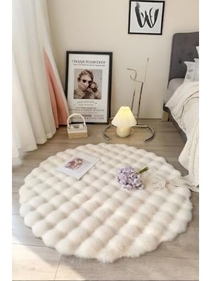 Die Grup Bubble Yuvarlak Krem Uzun Tüylü Yumuşak Peluş Kaymaz Yıkanabilir Salon Oturma Odası Balkon Halı 120 x 120