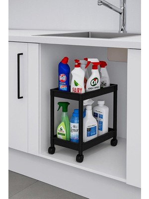 Sas Haus Flex Elite Pro 2 Katlı Siyah Tekerlekli Çok Amaçlı Banyo & Mutfak Düzenleyici Raf – Evye Altı Deterj Siyah 40 x 35