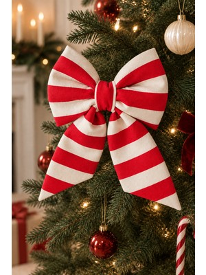 Beige & Stone Mini Boy Kırmızı Çizgili Desenli Kumaş Fiyonk Yılbaşı Çam Ağacı Süsü Dekoratif Kurdele Noel ve Yeni Yıl Süsü 16 cm