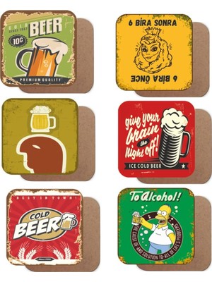 Pi Dekorasyon Bira Temalı 6lı Retro Ahşap Bardak Altlığı Seti