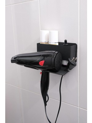 Risingmaber Siyah Metal Yapışkanlı Saç Kurutma Askısı, Yapışkanlı Banyo Düzenleyici Organizer Fön Makinelik MT83S