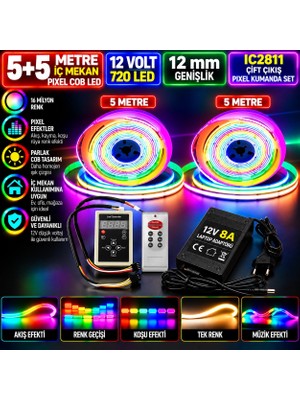 Powerr Led Aydınlatma 10M 12V 12MM 720 Ledli Iç Mekan Pixel Cob LED 8A Laptop Adaptör IC2811 Çift Çıkış Pixel Kumanda Set