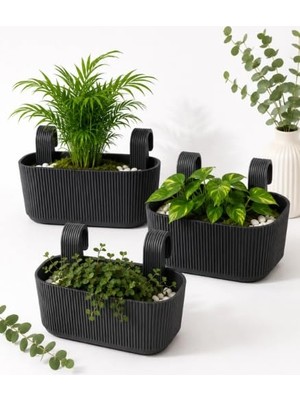 Die Grup Modern Balkon ve Küpeşte Saksısı 3,2 Litre Antrasit Plastik Askılı Dikdörtgen 3'lü Set
