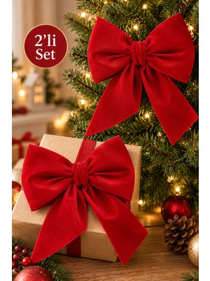 Beige & Stone 2li Mini Boy Kırmızı Desenli Kumaş Fiyonk Yılbaşı Çam Ağacı Süsü Dekoratif Kurdele Noel ve Yeni Yıl Süsü 16 cm
