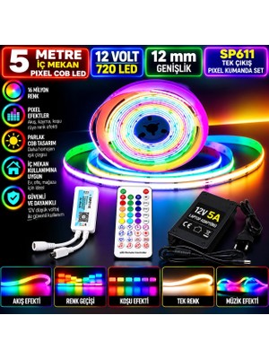 Powerr Led Aydınlatma 5m 12V 12MM 720 Ledli Iç Mekan Pixel Cob LED 5A Laptop Adaptör SP611 Tek Çıkış Pixel Kumandalı Set