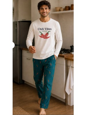 Koza Iç Giyim Erkek Pamuklu Ekru Uzun Kollu Biber Baskılı Yeşil Çizgili Desenli Pijama Takımı