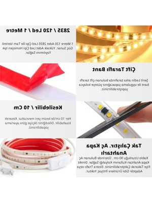 Die Grup 220V Yüksek Parlaklıkta Şerit Led, 120 Led/m, Yapışkanlı ve Iç/dış Mekan Kullanımına Uygun