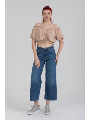 Maxi Modena Bej Renk Önü Büzgülü Detaylı Balon Kol Crop Bluz - Bej
