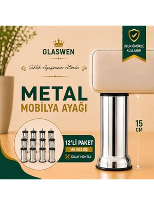 Die Grup 12 Adet Metal Destek Ayağı 15 cm Krom Mobilya Kanepe Baza Koltuk Ünite Ayakları Metrik 8 Civatalı Ince Diş
