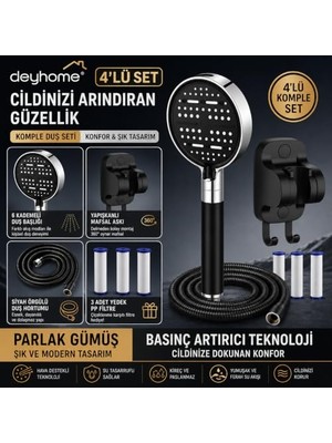 Die Grup Filtreli Duş Başlığı, 6 Kademeli Su Akışlı, Basınç Artırıcı, Kaymaz Silikon Kaplama, Siyah-Gümüş, Pp Filtre (4'lü Set Siyah)