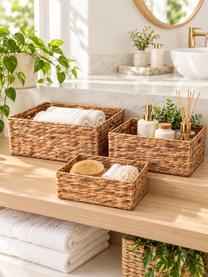 Bahçem Dekoratif Natural Su Sümbülü Dikdörtgen Hasır Sepet Düzenleyici / Organizer 3'lü Set