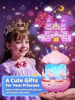 SBN - Store ’s Carousel Gece Lambası Projeksiyonlu Müzikli Tasarım | Kablolu 5V USB Çalışma | Tavşan Figürlü Döner Işıklı Çocuk Odası Yıldız Tavan Projektör Gece