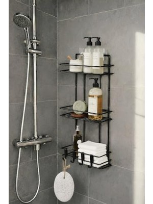 Die Grup 3 Katlı Siyah Banyo Rafı, Yapışkanlı ve Kancalı Şampuanlık Düzenleyici