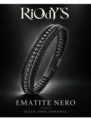 Riody's Ematite Nero Erkek Bileklik Doğal Hematit Taşlı Siyah Deri Çelik Kilit