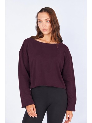 Tena Kadın Bordo Kayık Yaka Ispanyol Kol Pis Dikiş Detaylı Üç Iplik Sweatshirt
