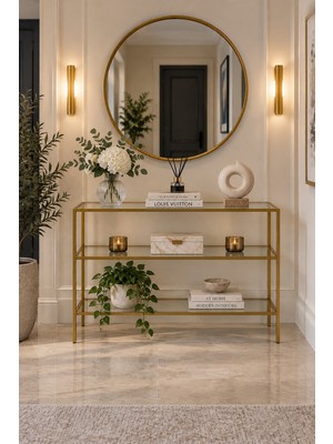 Teknor Şeffaf Camlı Gold Metal Salon Konsol Ünitesi 100CM