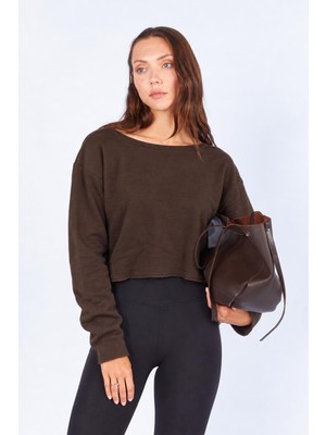 Tena Kadın Kahve Kayık Yaka Ispanyol Kol Pis Dikiş Detaylı Üç Iplik Sweatshirt