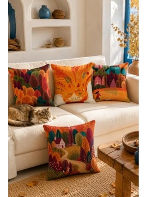 Die Grup 43X43 cm Ölçülerinde 4'lü Sonbahar Temalı Dekoratif Kırlent Kılıf Seti