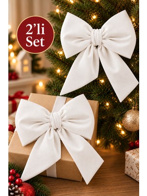 Beige & Stone 2li Mini Boy Beyaz Kumaş Fiyonk Yılbaşı Çam Ağacı Süsü Dekoratif Kurdele Noel ve Yeni Yıl Süsü 16 cm